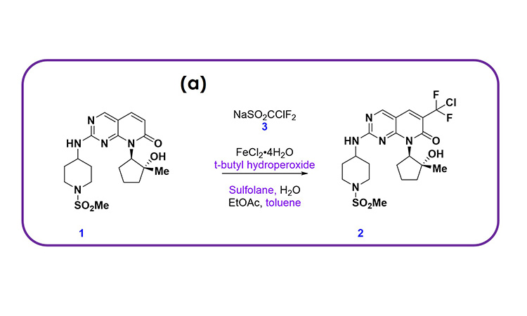 (1A) chemical scheme and (1B) process flow diagram for an integrated CM process developed at Pfizer, enabling the execution of a difluorochloromethylation reaction that provided rapid access to a key intermediate in a late-stage product.